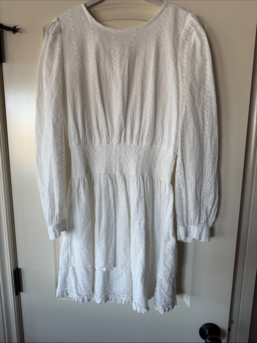 Splendid White Eyelet Long-Sleeve Smocked-Waist Dress